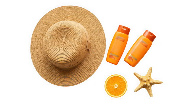 Summer beach accessories with straw hat, sunscreen bottles, orange slice, and starfish isolated on transparent background