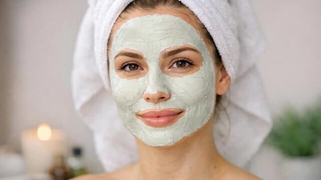 Woman smiles with clay mask on face