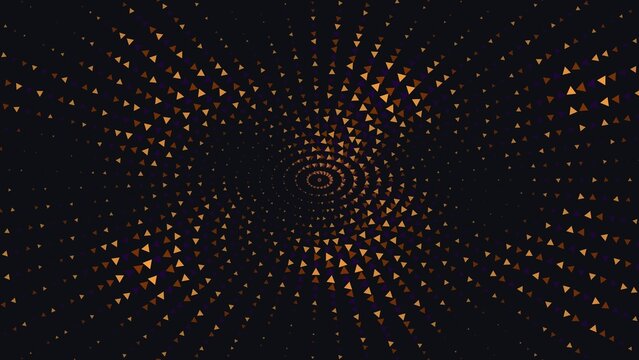Golden triangle shapes arranged in a circular spiral pattern on a dark black background, creating a geometric radial halftone effect
