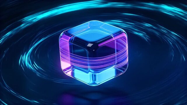 Transparent rounded cube with neon outlines on black background