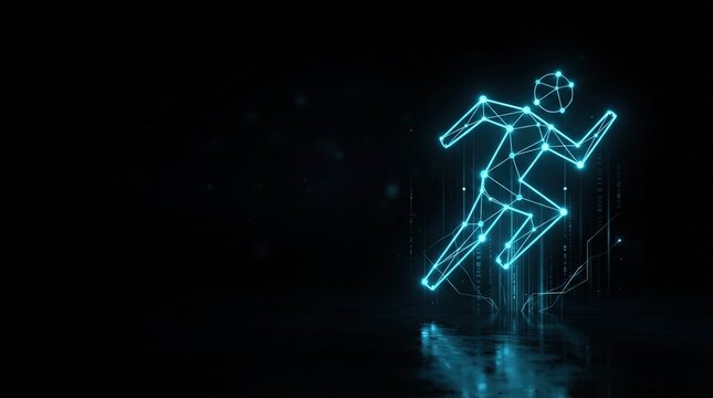 Glowing blue wireframe runner showcases advanced digital human tech against dark background perfect for AI, machine learning, and high-tech innovation projects.