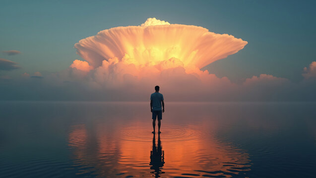 A man stands on calm reflective water, gazing at giant glowing golden mushroom cloud under soft sunset sky, peaceful surreal scene.