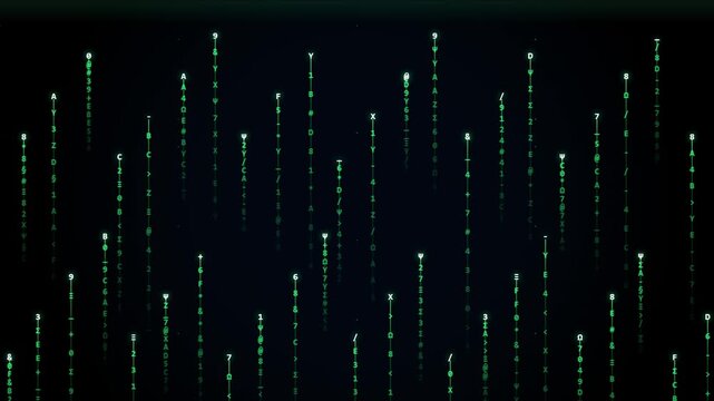 Green binary code rain falling on dark cyber hacker background
