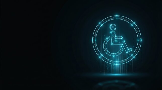 Striking 3D glowing blue accessibility symbol on dark tech background perfect for AI, digital innovation, and high-tech projects emphasizing inclusivity and futuristic design