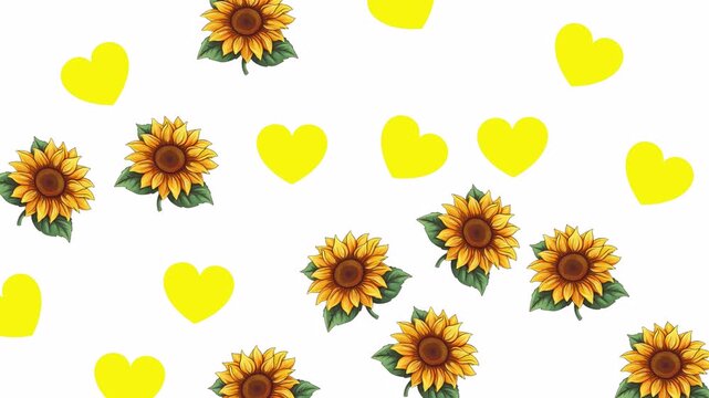 Sunflower and yellow heart pattern on white background for cheerful design