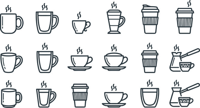 Hot Coffee Cup and Ceramic Mug Line Icon Set with Takeaway Cups, Double Walled Glasses, Latte Saucers, and Turkish Cezve for Cafe Branding