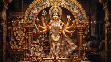 Fototapeta premium Goddess Durga with Multiple Arms and Traditional Weapons in a Dramatic Dark Temple Setting