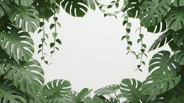 Lush green Monstera deliciosa leaves and vines forming a natural frame on a white background, perfect for tropical designs and nature-inspired themes.