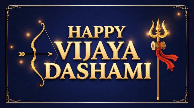 Happy Vijaya Dashami Greeting with Golden Bow and Trident on Dark Blue Background