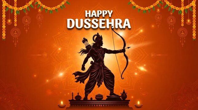 Happy Dussehra Greeting with Lord Rama Silhouette Holding Bow and Arrow