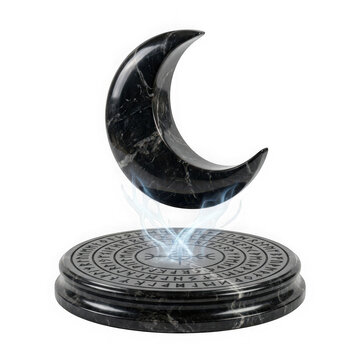 Floating crescent moon sculpture on a runic stone base isolated on transparent background