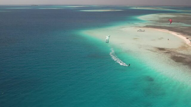 Aerial view of kitesurfing in Los Roques archipelago, Venezuela.