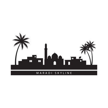 Maradi skyline silhouette against a white background depicts tropical architecture