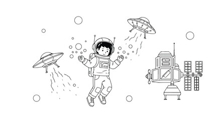 A line art vector illustration featuring a young astronaut floating in space among UFOs, bubbles, and a satellite. © Aqil Art