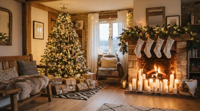 Cozy Christmas Living Room with Decorated Tree, Fireplace and Stockings