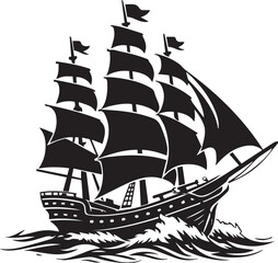 Abstract sailing ship illustration with multiple masts sails ocean waves maritime exploration adventure history black white vector design © asghar