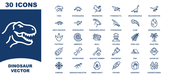 Set of thirty hand drawn dinosaur icons featuring various prehistoric creatures and fossils for educational design projects © SAMIRAAKTHER