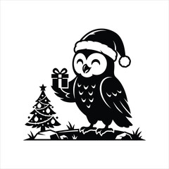 Obraz premium Christmas owl vector illustration holding a gift box and standing by a decorated holiday tree