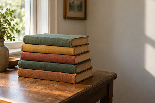 Vintage clothbound books stacked beside a sunlit window