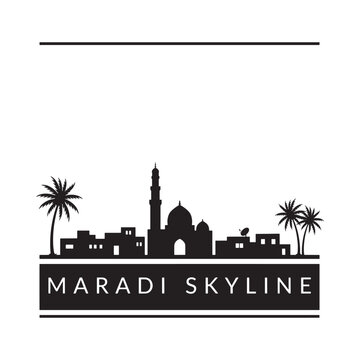 Maradi skyline silhouette against a white background features palm trees and a mosque