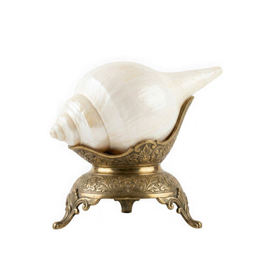 Sacred hindu shankha conch shell on brass stand isolated on transparent background