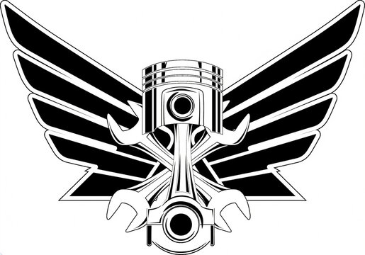 Piston emblem featuring crossed wrenches and spread wings is isolated on a plain transparent background.