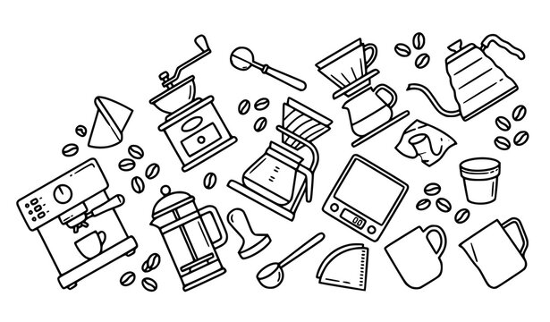 Specialty Coffee Brewing Outline Icons Featuring Barista Equipment and Roasted Coffee Beans