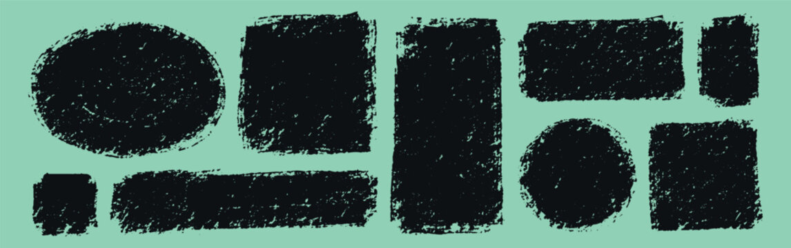 Grunge black geometric shapes with distressed texture on mint green background, featuring rough rectangles, circles, squares and frames for modern posters, banners, labels and creative graphic design