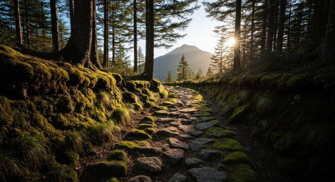 A stone path winds through a mossy forest toward a mountain, bathed in sunlight