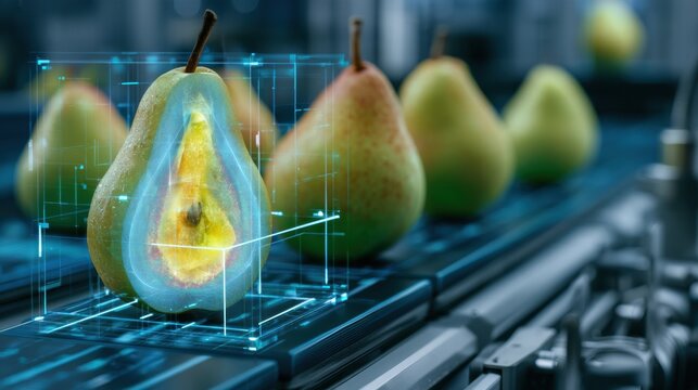 Automated optical sorting camera analyzes pear cross-section to assess internal flesh density in high tech laboratory setting during inspection.