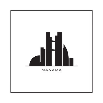 Cityscape silhouette against a white background with text label manama