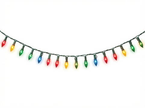 Colorful christmas string lights hanging against a plain white background