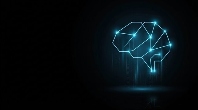 Glowing blue wireframe brain microchip graphic on dark background highlights cutting-edge AI, machine learning, and futuristic tech for digital science and innovation projects