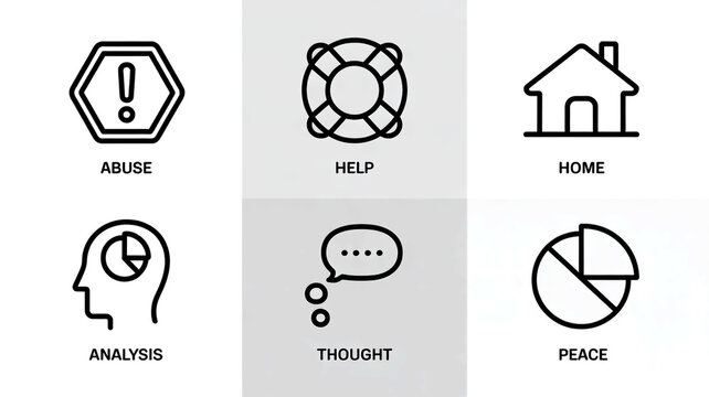 A minimalist line art icon set with six simple black and white illustrations arranged in a 2x3 grid (1)