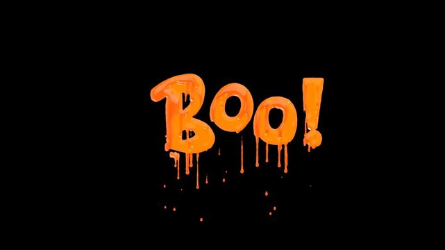 ループする、Boo!と書かれたテキストアニメーション。流体。オレンジ色の液体が垂れる。かわいいフォント。おばけ。驚かす。サプライズ。血が滴っているような表現。アルファチャンネル付き。背景は透明。ハロウィンのイベントでお化けに仮装した人が言う台詞。アルファベット