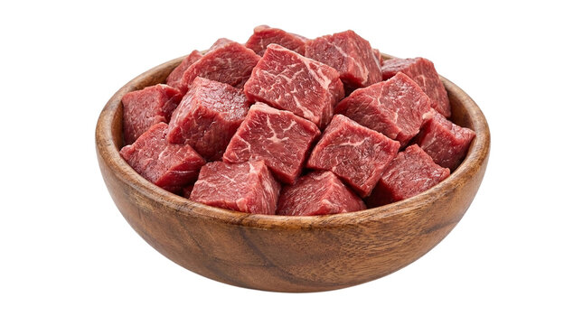 Diced raw beef cubes in wooden bowl for stew casserole or grilling meat dishes.