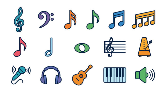 Music Icons Set - Notes, Clefs, Keyboard, Guitar, Microphone & Headphones