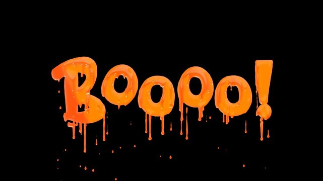 ループする、Boooo!と書かれたテキストアニメーション。流体。オレンジ色の液体が垂れる。かわいいフォント。おばけ。驚かす。サプライズ。血が滴っているような表現。アルファチャンネル付き。背景は透明。ハロウィンのイベントでお化けに仮装して言うアルファベットの台詞。