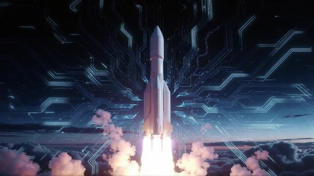 Rocket Launching Into Sky with Digital Circuit Patterns Overlaying Clouds at Dusk Cinematic Futuristic Technology Concept