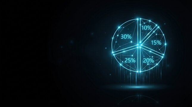 Stunning 3D glowing blue pie chart showcasing futuristic AI data visualization perfect for digital science, tech innovation, and high-tech presentations against dark space.