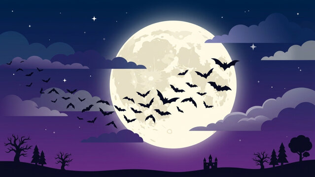 Halloween background with bats flying across a large full moon in a purple night sky with clouds and stars