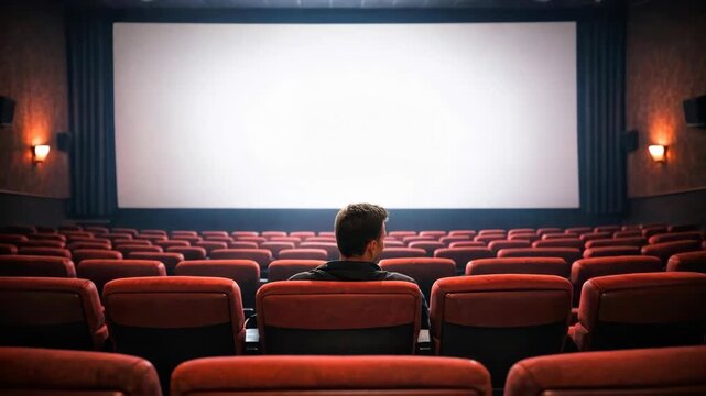 Empty theater with rows of red seats
