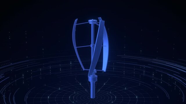 Luminous blue wireframe of a rotating vertical wind turbine on a virtual turntable, featuring concentric circles and a technical grid for an engineering presentation background.
