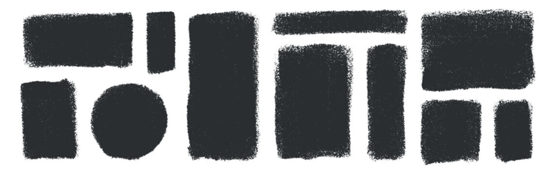 Black grunge geometric blocks create versatile collection of distressed rectangles and circle on white background, offering rough textured frames, banners, labels and abstract graphic design elements
