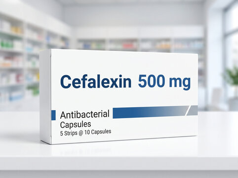 Box of Cefalexin antibacterial 500mg capsules in a pharmacy