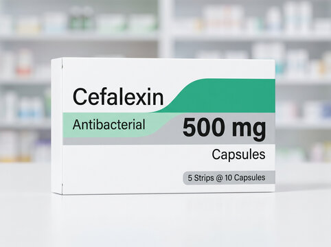 Box of Cefalexin antibacterial 500mg capsules in a pharmacy