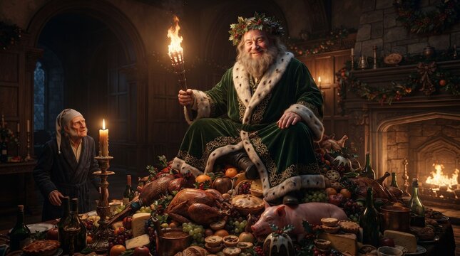 Ghostly christmas scene with ebenezer scrooge, lit torches, festive food, and a holiday feast. Suitable for holidaythemed designs and concepts.