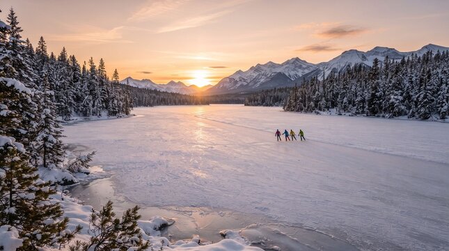 Frozen dream lake surrounded by snowcovered trees, sunlit mountain peaks, and ice skaters at winter sunset. Suitable for seasonal content and travel promotions.