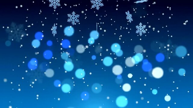 Falling snowflakes and bokeh lights on blue gradient background