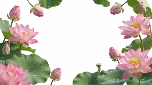 Beautiful pink lotus flowers and green leaves frame a white background, perfect for a serene and natural design.